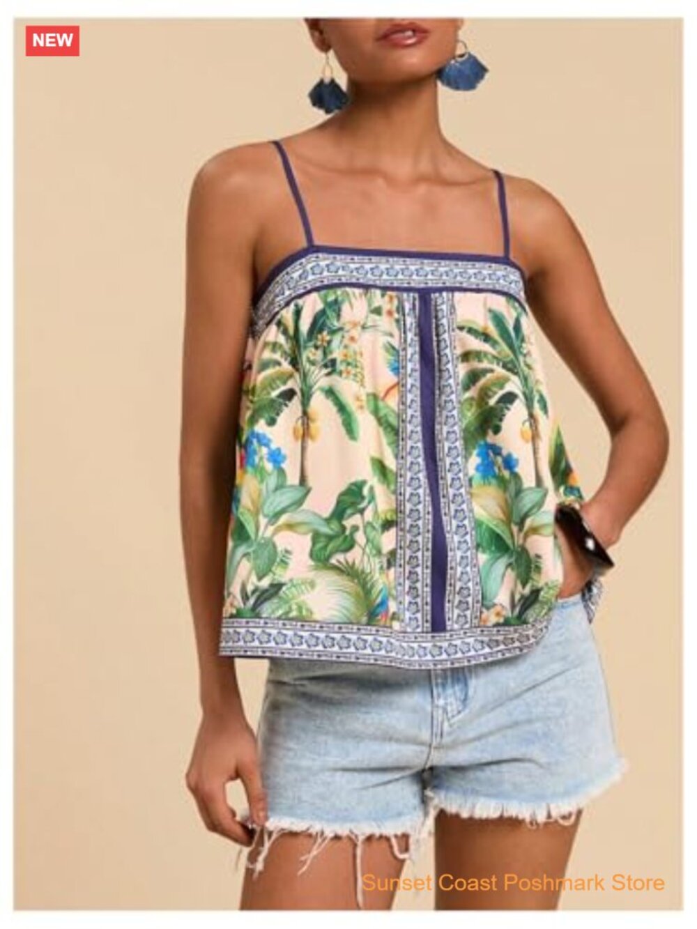 Tropical Floral Print Cami Top Spaghetti Strap Boho Vacation - Picture 5 of 5